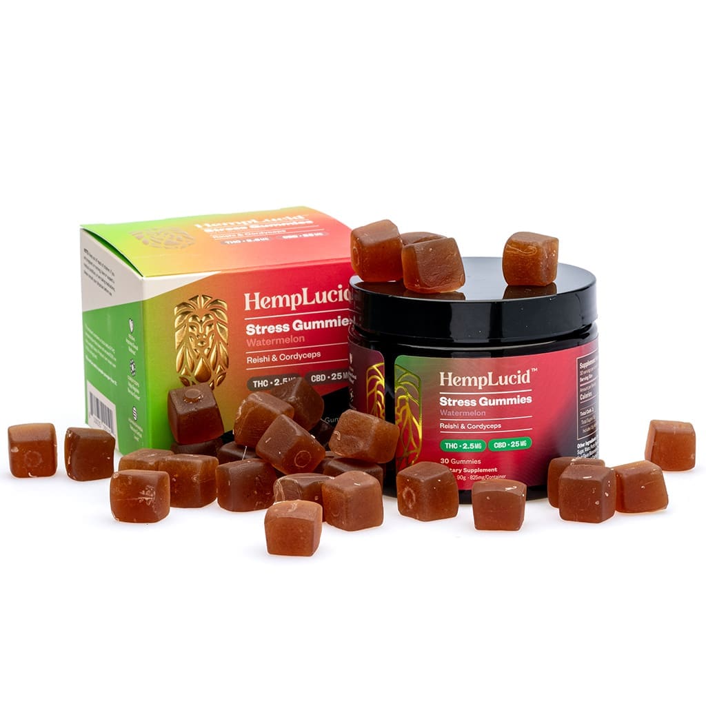 Hemplucid Stress Mushroom Gummies – Watermelon (750 mg Total CBD + 75 mg Total Delta 9 THC)