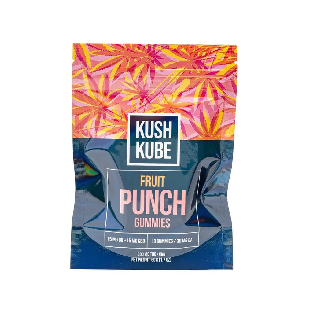Kush Kube Delta 9 + CBD Gummies – Fruit Punch (150 mg total Delta 9 THC + 150 mg Total CBD) - Image 2