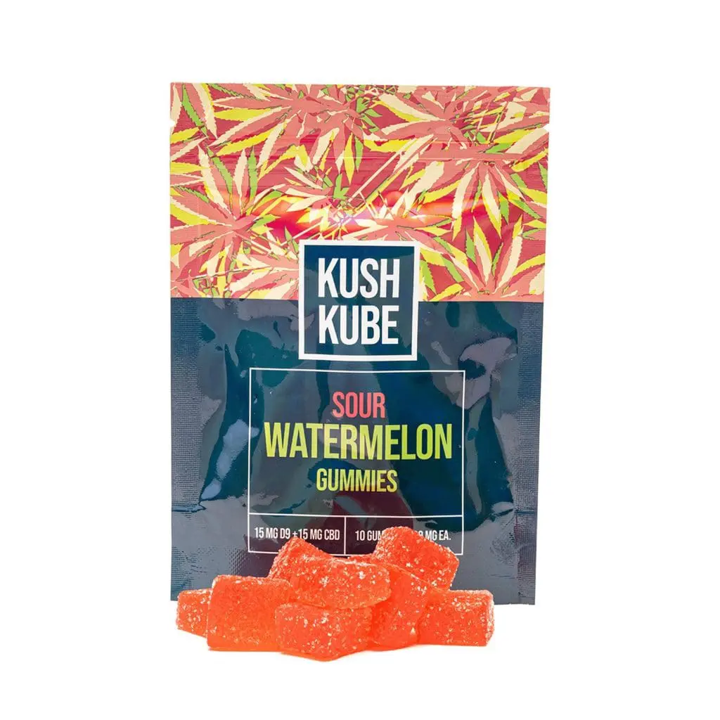 Kush Kube Delta 9 + CBD Gummies – Sour Watermelon (150 mg total Delta 9 THC + 150 mg Total CBD)